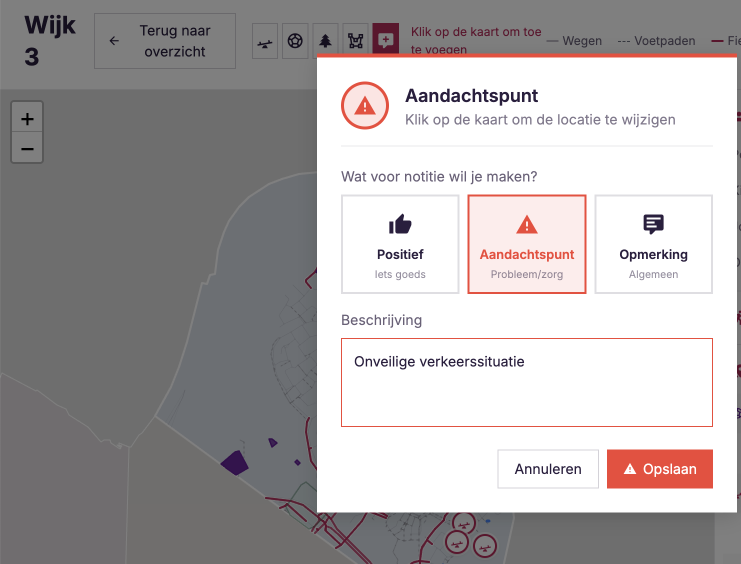 Aandachtspunten en notities op de kaart